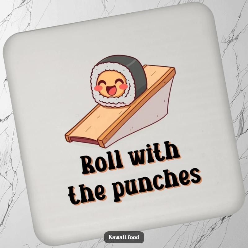 Funny drink coaster with a smiling sushi roll character sliding down a ramp, protecting surfaces with humor.