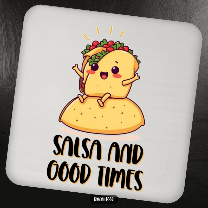 Funny drink coaster showing a taco with legs riding a huge tortilla, protecting surfaces with a humorous design.