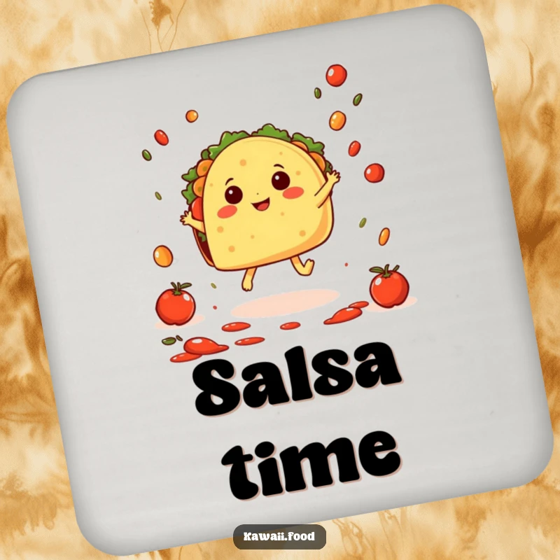 Funny Taco Hop Coaster: A cheerful taco character with tiny feet doing a joyful hop amidst falling salsa, protecting surfaces with fiesta flair.