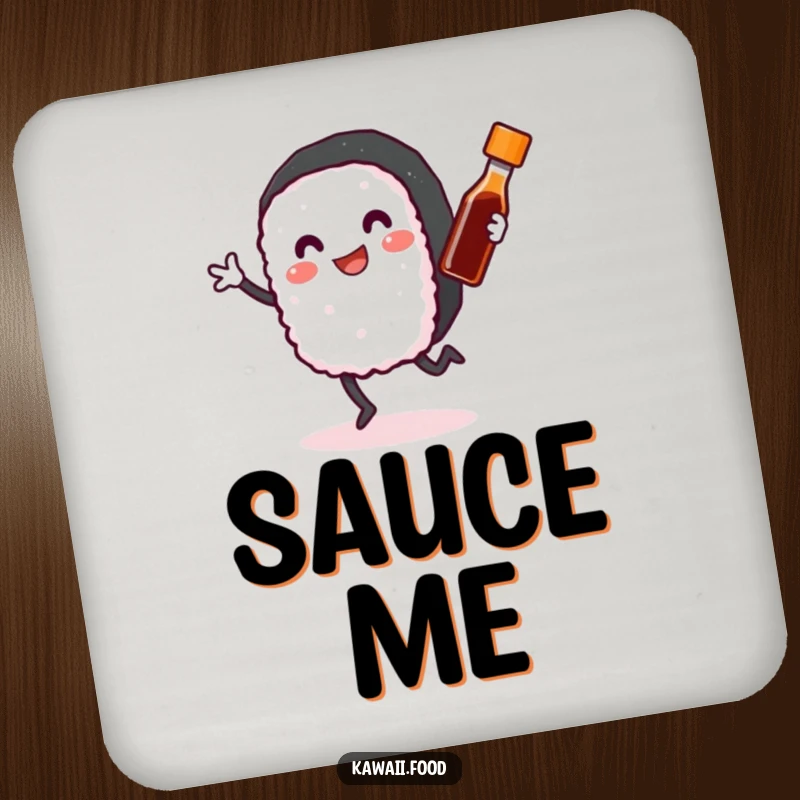 Funny Sushi Roll Coaster: A smiling sushi roll with arms and legs happily dancing with a tiny soy sauce bottle, protecting surfaces with humor.
