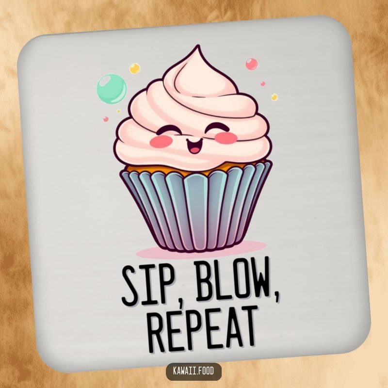 Funny cupcake coaster, delighted character blowing colorful bubbles, protecting surfaces with a delightful and humorous flair.
