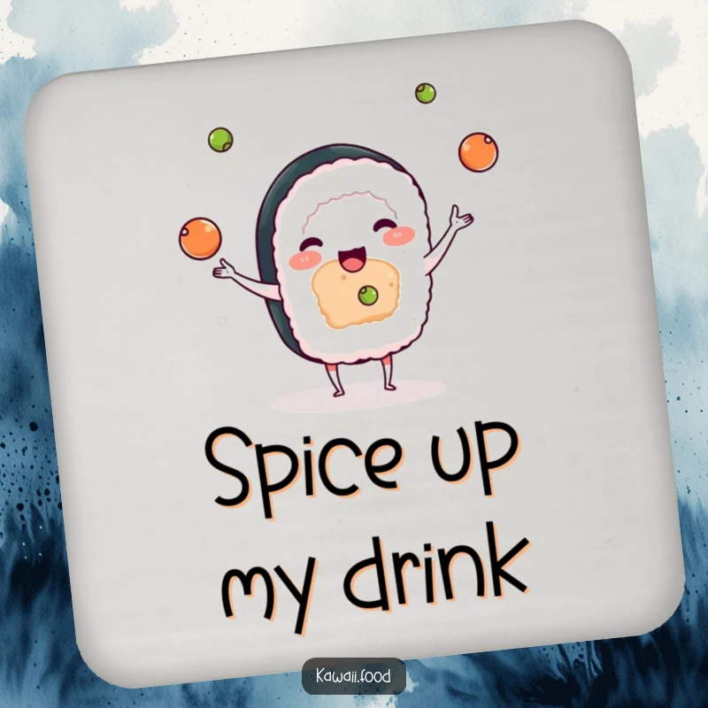 Funny drink coaster showing a playful sushi character juggling tiny wasabi balls, a humorous detail for tabletops.