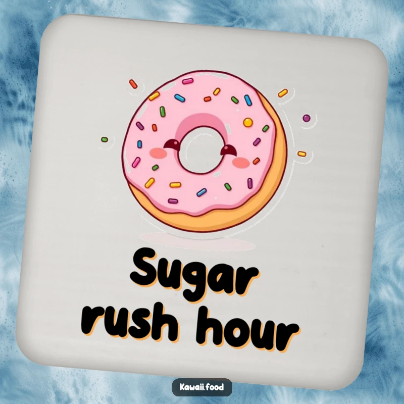 Funny drink coaster with a shy donut blushing while juggling mini sprinkles, protecting furniture with a sweet and humorous design.