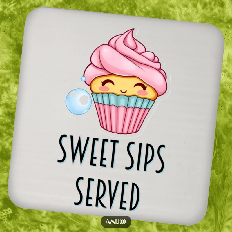 Funny drink coasters showcasing a cheerful cupcake with frosting hair, blowing a bubble, adding sweet and whimsical decor to any beverage setting.
