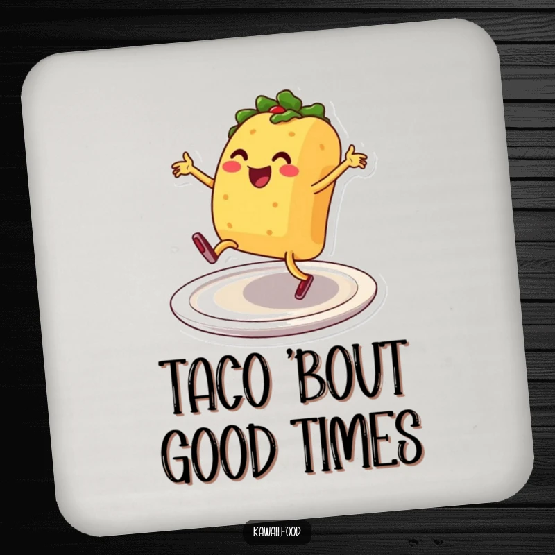 Smiling taco character breakdancing on a plate, on a protective drink coaster, adding festive humor to surfaces.