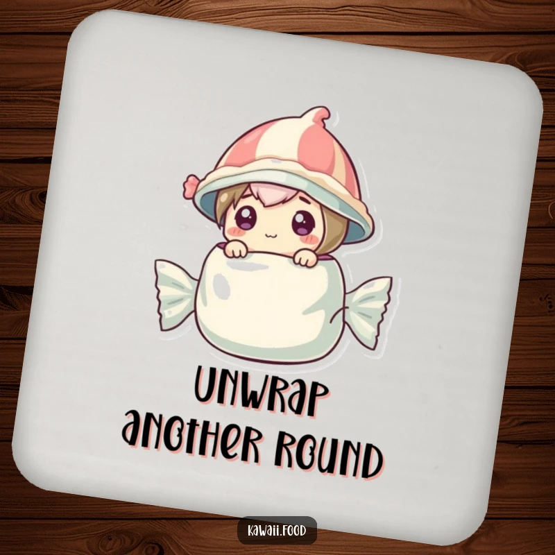 Funny coaster featuring a curious candy character wearing a wrapper hat, popping out of a larger candy wrapper.