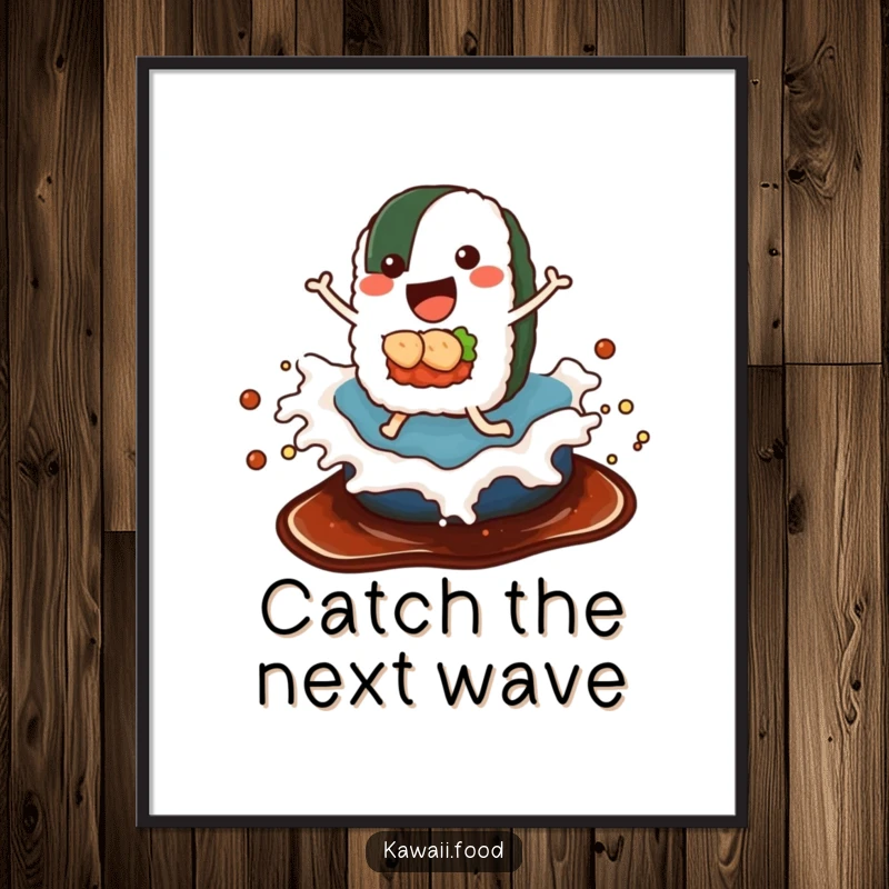 Funny poster print of a happy sushi roll with legs surfing a soy sauce wave, adding whimsical and humorous art.