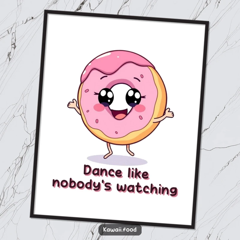 Funny poster depicting a cheerful donut character with eyes doing a lively dance, adding vibrant, sweet energy to decor.