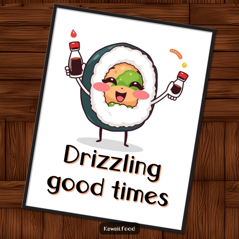 Smiling sushi roll character playfully juggling tiny soy sauce bottles, captured in a humorous illustration perfect for wall decor.