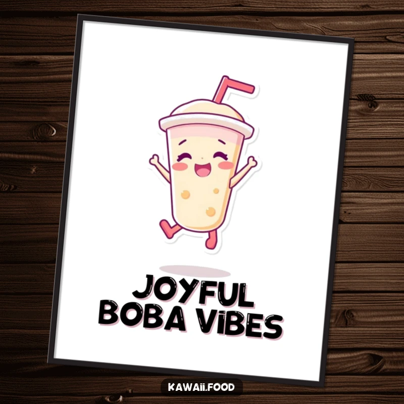 Funny poster of a vibrant bubble tea character in a joyful jump, perfect for adding playful energy and personality to wall decor.