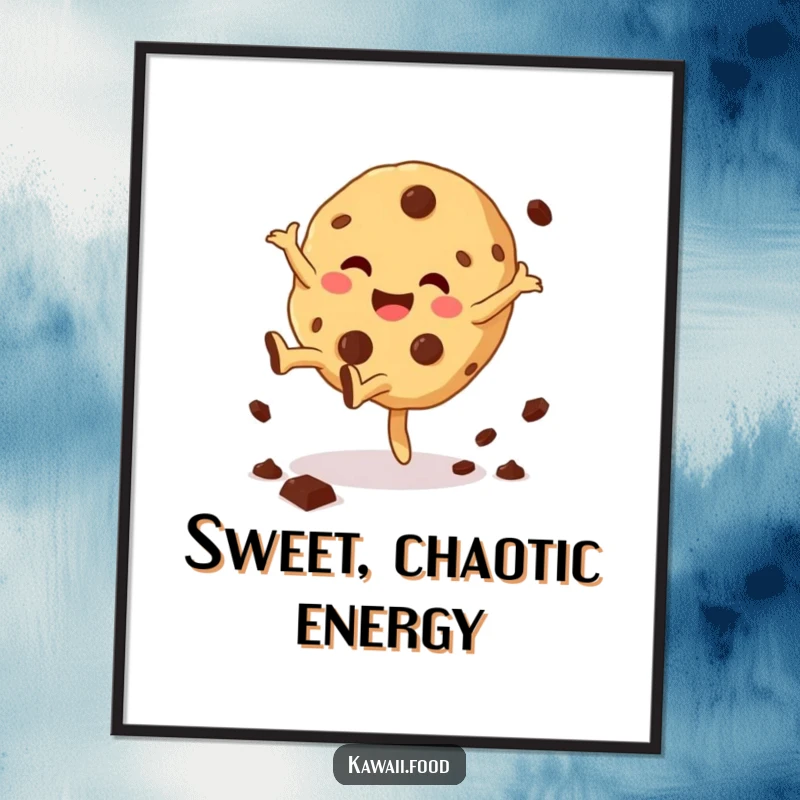 Funny Cookie Cartwheel Poster print of a giggling cookie character doing a cartwheel, chocolate chips flying, adding whimsical decor to any space.