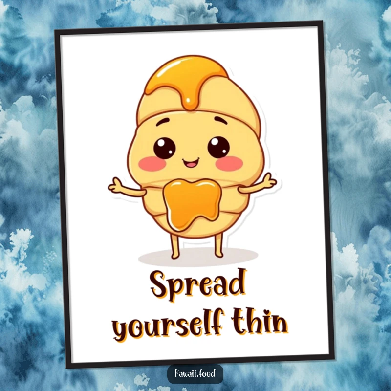 Funny poster print featuring a smiling croissant character with tiny arms, enthusiastically spreading jam with a big grin.