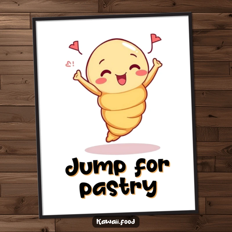 Funny Poster: Artistic depiction of a curious croissant mid-jump, radiating joy and a love for baked goods.