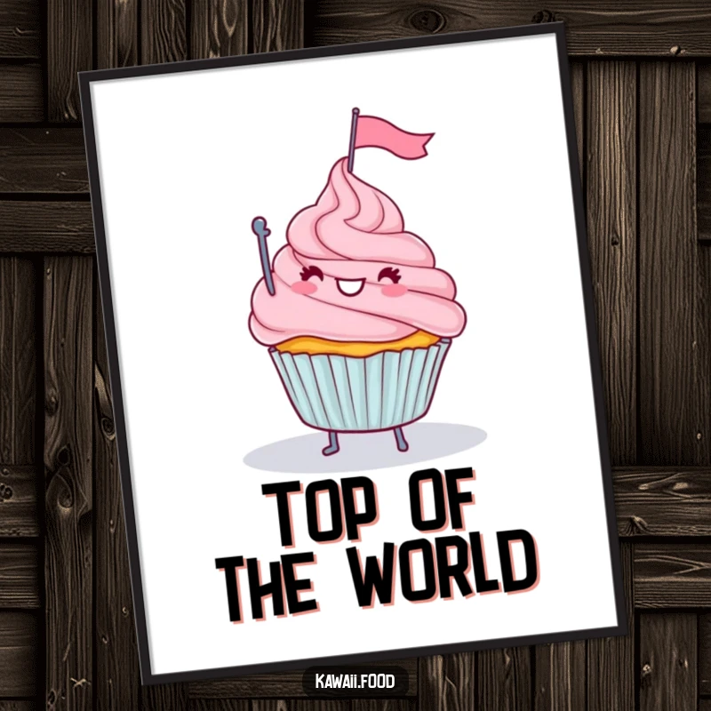 Funny poster print of a happy cupcake with legs waving a tiny flag from a frosting mountain, adding whimsical and humorous art.
