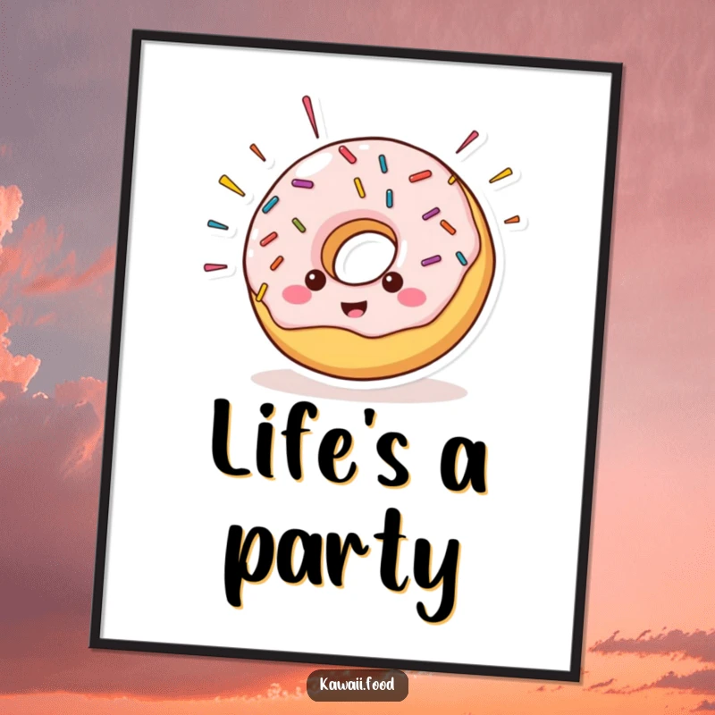 Cheerful donut character with sprinkles comically flying off its sides, captured in a humorous illustration perfect for wall decor.