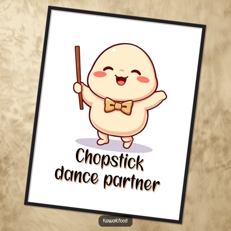 Funny happy dumpling character in a bow tie excitedly waltzing with a chopstick, presented as humorous wall art.