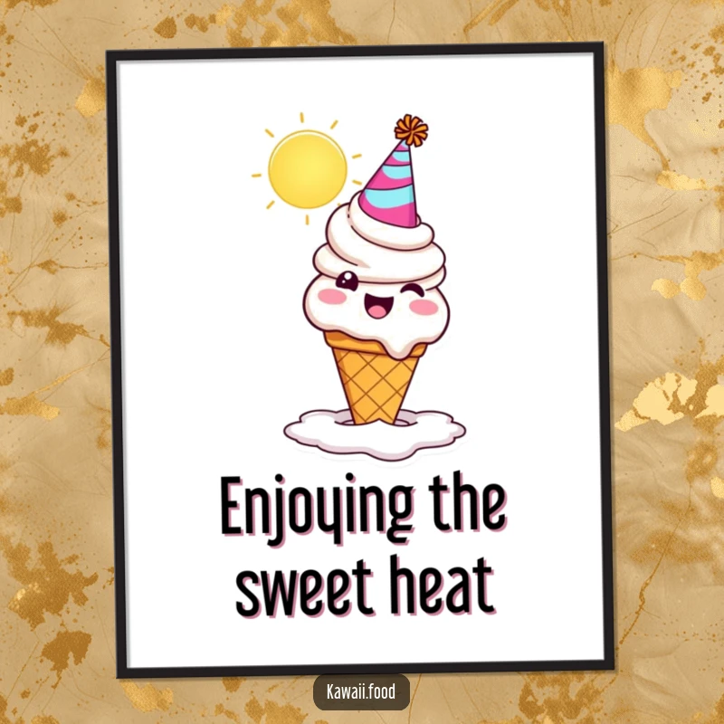 Funny ice cream cone character in a party hat, comically melting away under the sun. A whimsical and funny poster for sweet decor.