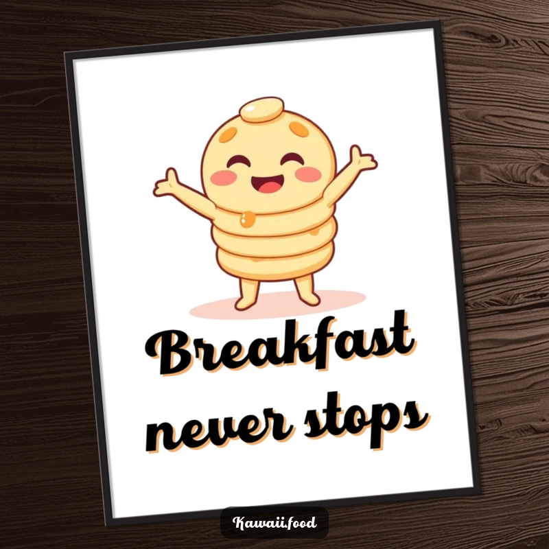 Funny pancake stack poster doing a silly wobble dance, vibrant breakfast humor art, captured in a funny gift print.