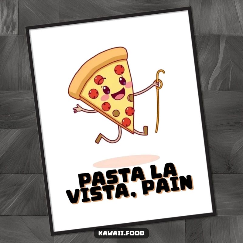 Funny poster print of a pizza slice with legs skipping rope using a spaghetti strand, adding whimsical and humorous art.