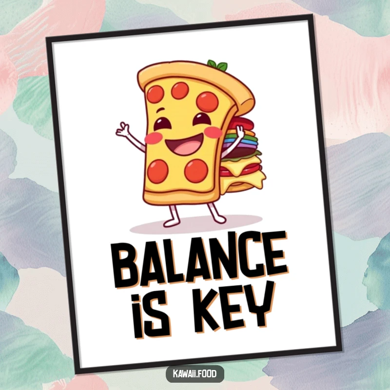 Funny grinning pizza slice character balancing toppings on a poster, bringing delicious humor and artistic balance to decor.