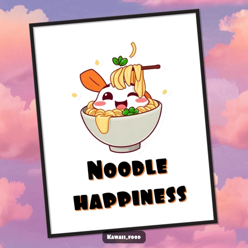 Funny cheerful ramen bowl character slurping imaginary noodles on a poster, bringing delicious humor and cozy vibes to decor.