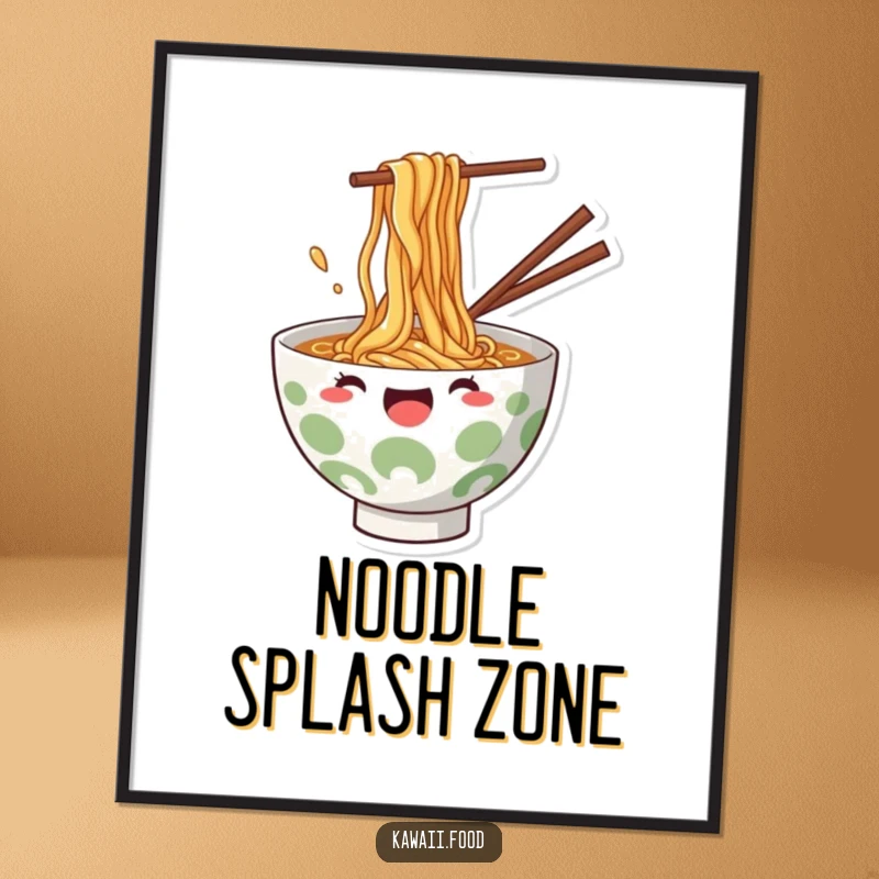 Funny Poster: Artistic depiction of a ramen bowl joyfully splashing noodles, adding a splash of color and humor.
