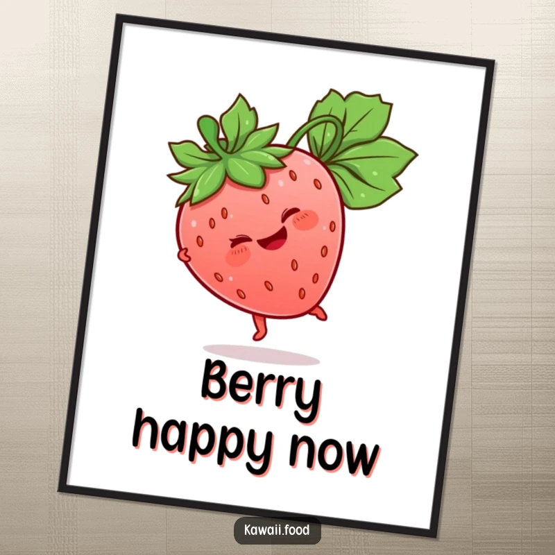 Funny Strawberry Poster featuring a giggling strawberry character mid-cartwheel with its leaf stem, a lively and humorous piece of art.