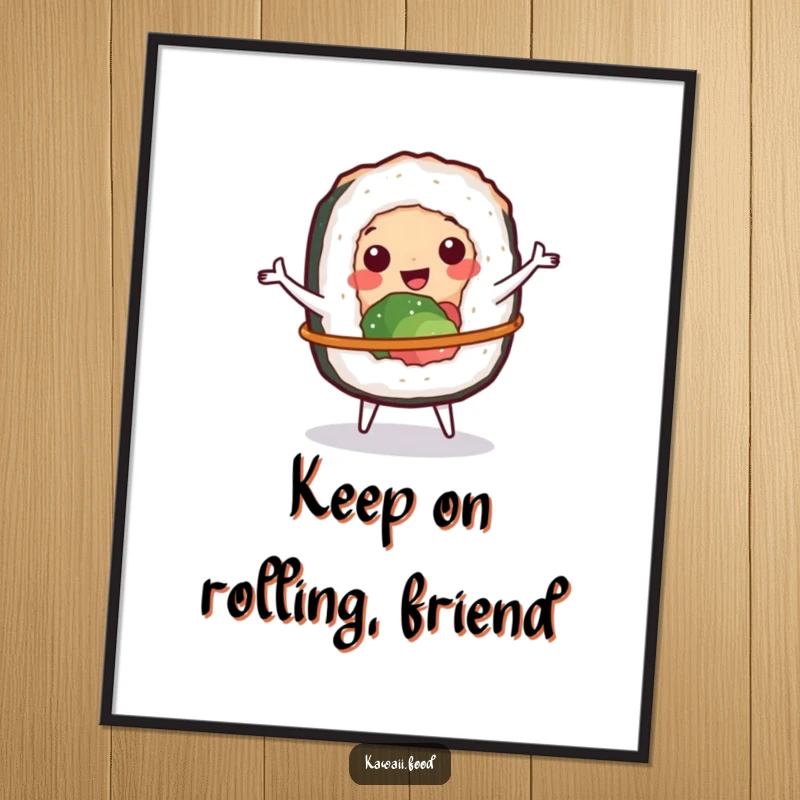 Funny poster of a cheerful sushi roll character skillfully spinning a tiny hula hoop, adding joy to any room.