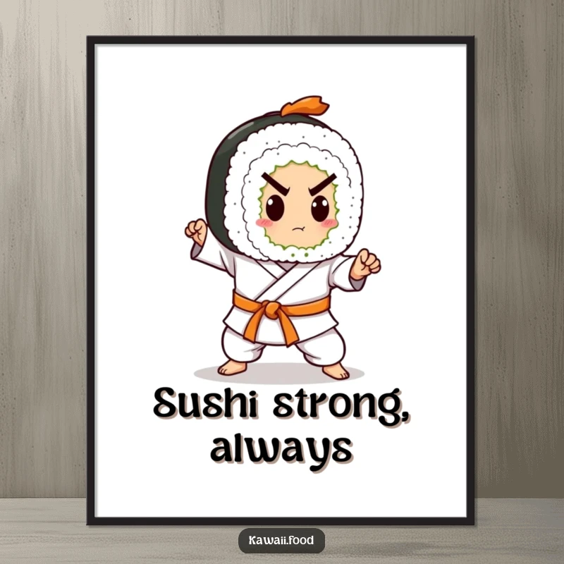 Funny poster print of a sushi roll character wearing a karate belt, executing a powerful chop. Bold and humorous wall art.