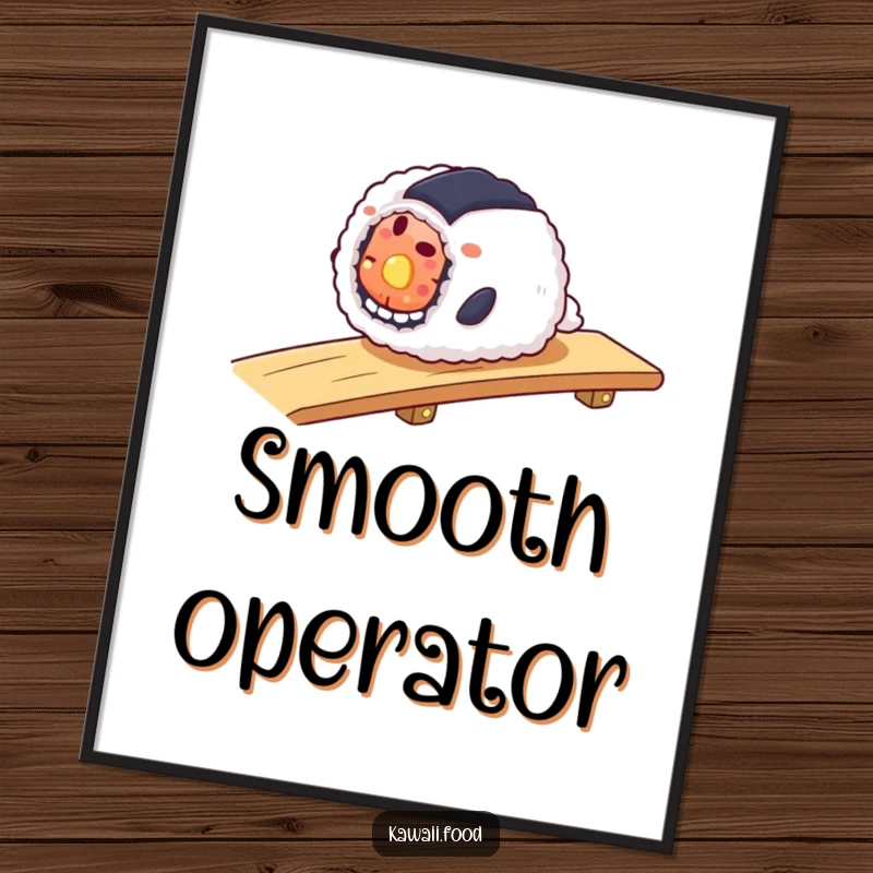 Funny poster showing a smiling sushi roll smoothly sliding down a ramp, embodying a sense of carefree motion.