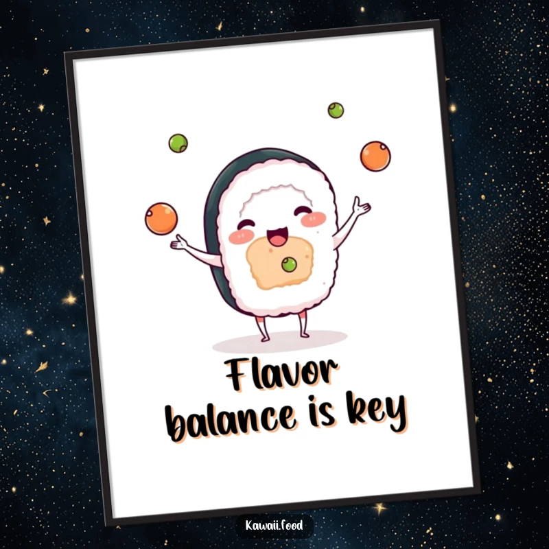 Funny poster artwork of a cute sushi character juggling small wasabi balls, a playful and humorous depiction.
