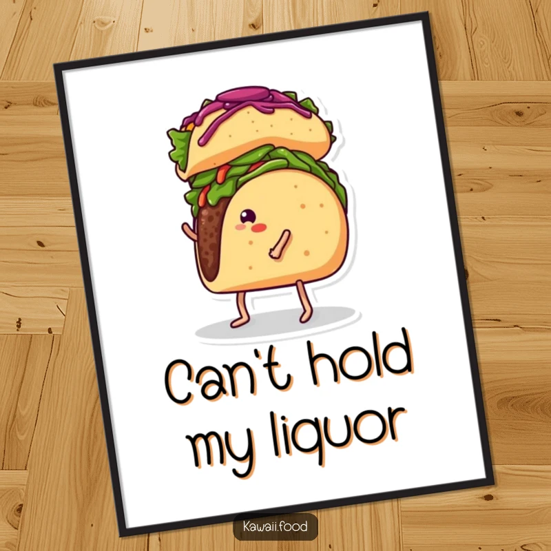 Funny poster print of a taco with legs comically trying to balance a burrito on its head, adding humor to any wall.