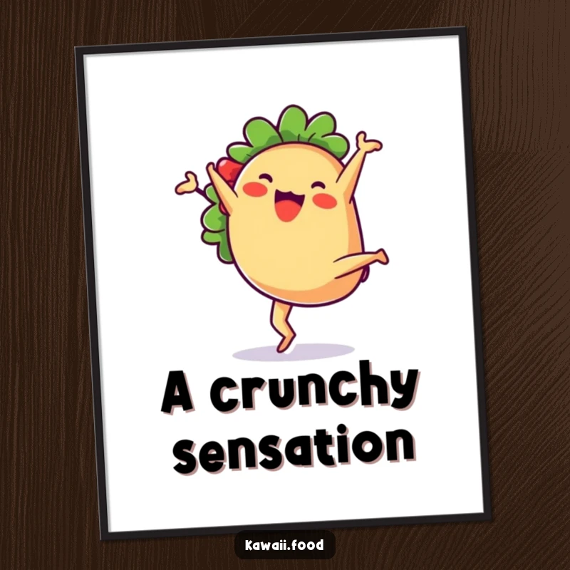 Cute anthropomorphic taco character performing a joyful cartwheel, captured in a humorous illustration perfect for wall decor.