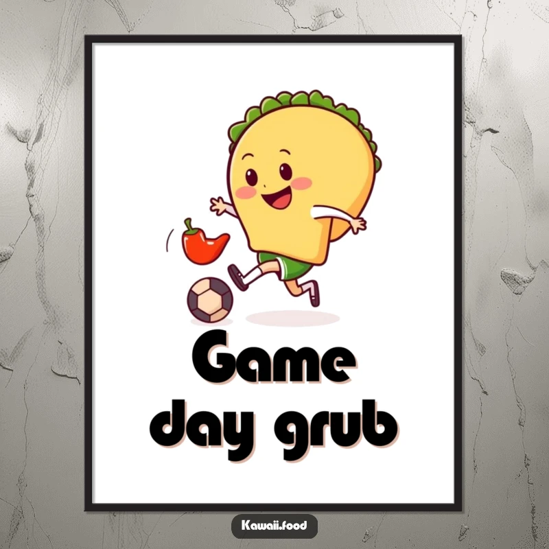 Funny poster of a smiling taco character gleefully kicking a small chili pepper soccer ball, capturing a moment of playful action.