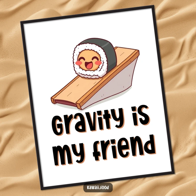 Funny poster illustrating a happy sushi roll character smoothly sliding down a ramp, bringing playful Japanese food vibes.