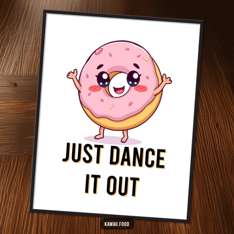 Funny poster showing a cheerful donut with eyes performing a lively, playful dance, embodying sweet joy.
