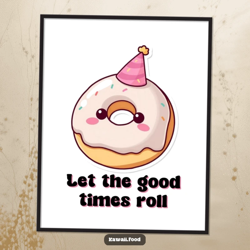 Funny donut character poster wearing a tiny party hat, sweet and playful art for instant cheer, ideal funny gift.