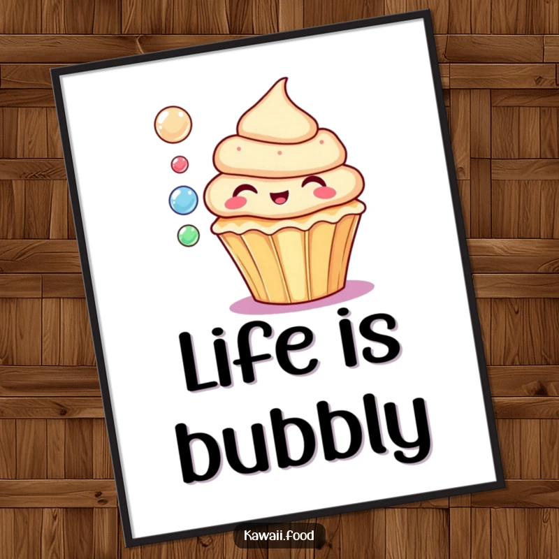 Funny poster depicting a delighted cupcake blowing colorful bubbles, bringing whimsical and sweet energy to decor.