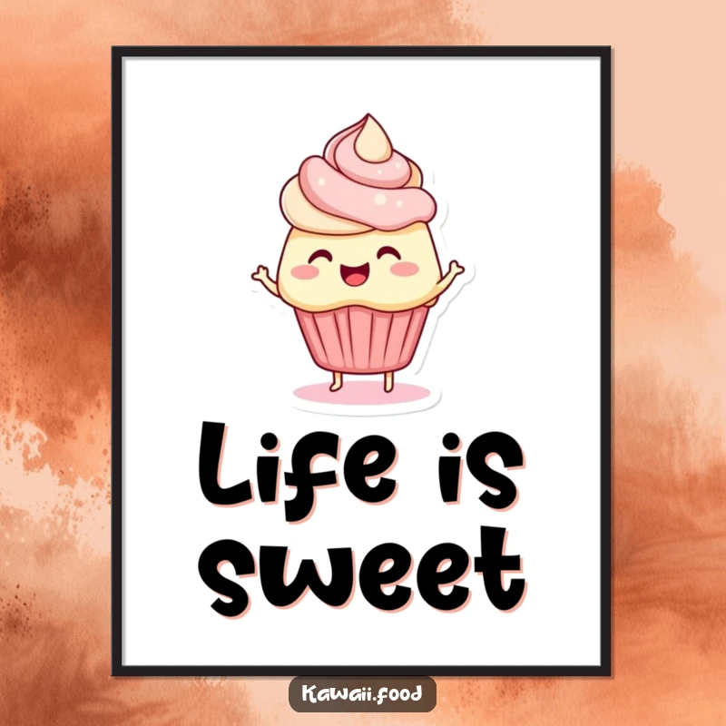 Funny poster print featuring a 'bouncing cupcake' character with flowing frosting hair, wiggling with infectious happiness. A bright wall decoration.