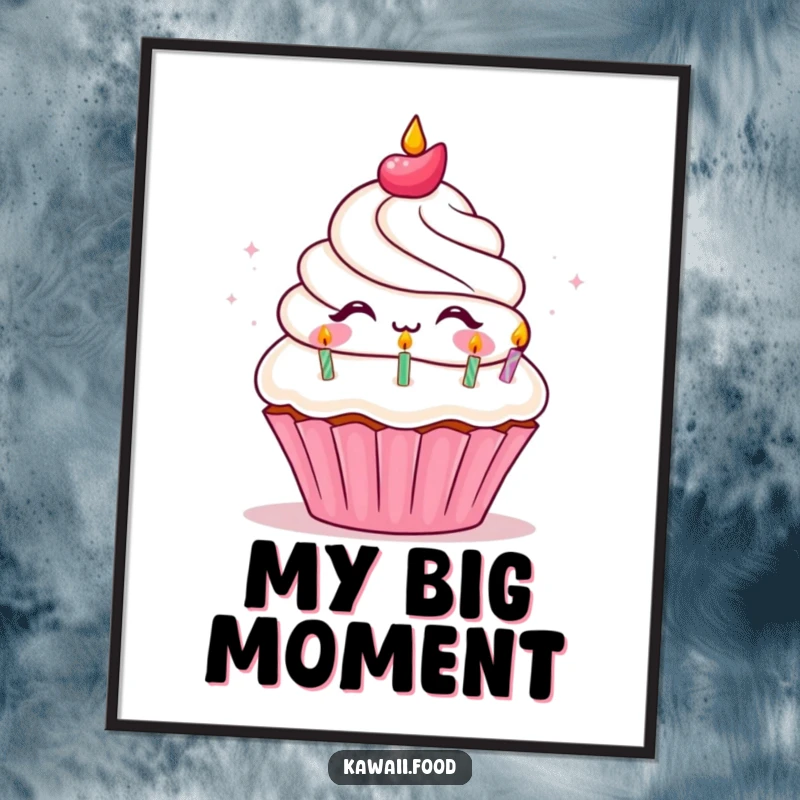 Funny Poster print capturing a jubilant cupcake character extinguishing tiny birthday candles, embodying a spirit of celebration and delight.