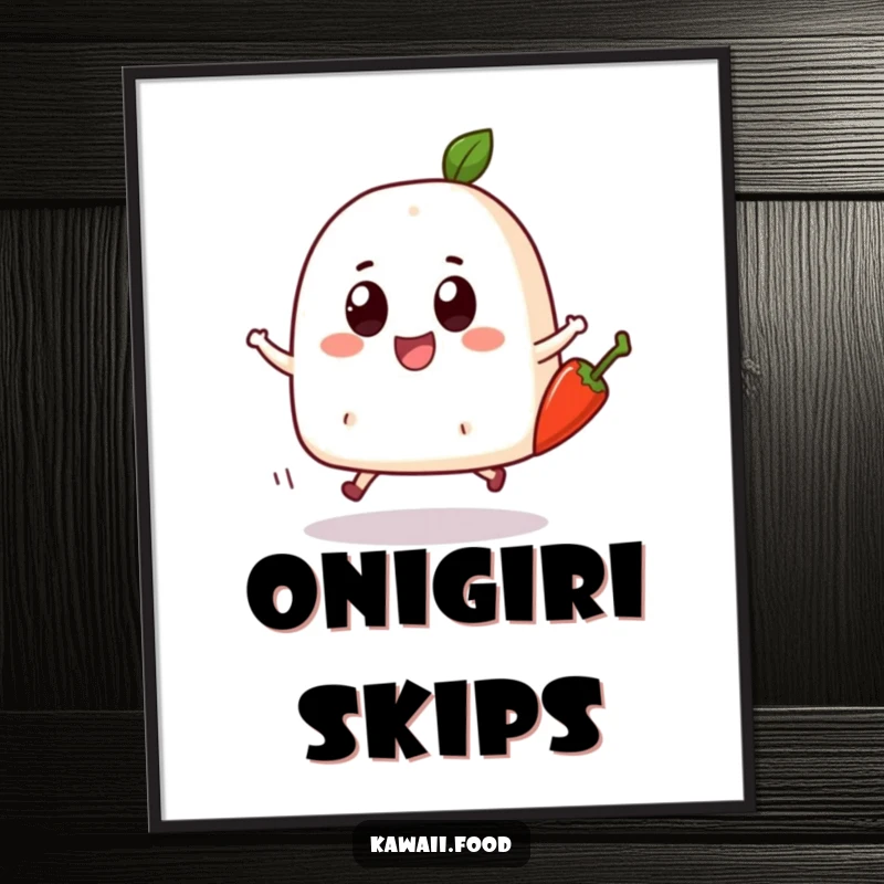 Funny Onigiri Skip Poster: A bouncing onigiri character with big eyes joyfully skipping with a chili pepper, vibrant and humorous wall art.