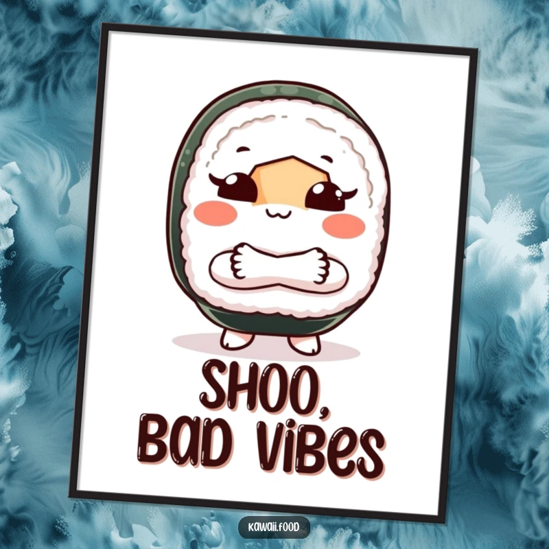Funny poster of a sushi roll character with crossed arms, making a distinct ‘shoo’ gesture, adding sassy decor to any room.