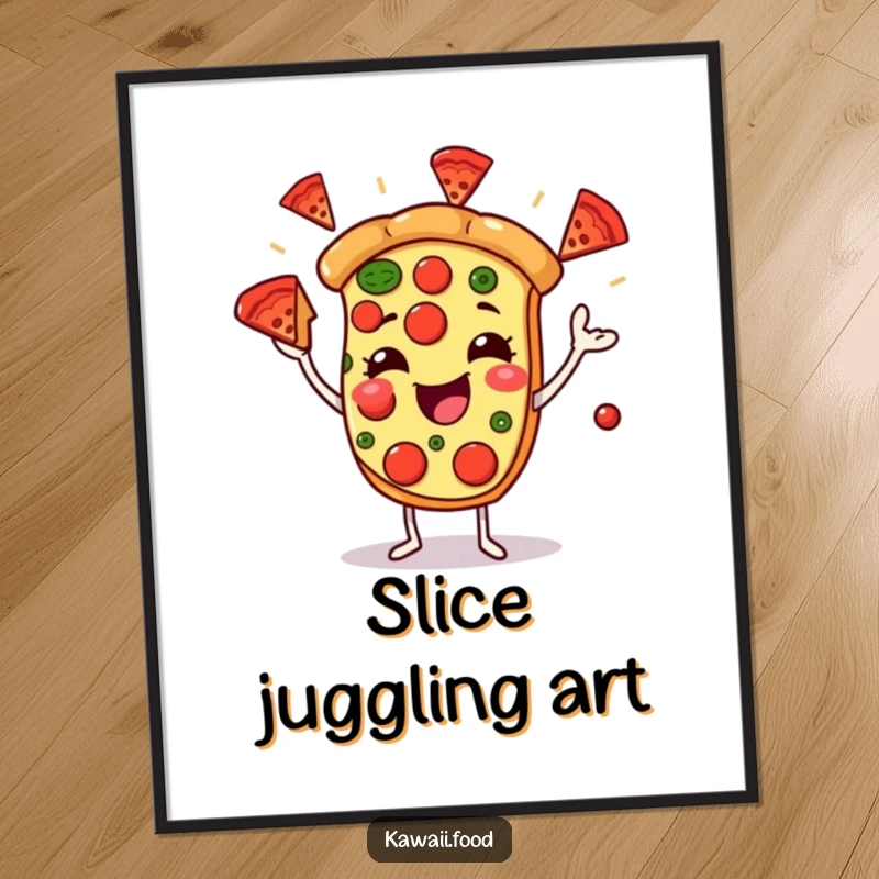 Funny poster of a joyful pizza character juggling pepperoni slices, perfect for adding playful food humor and personality to wall decor.