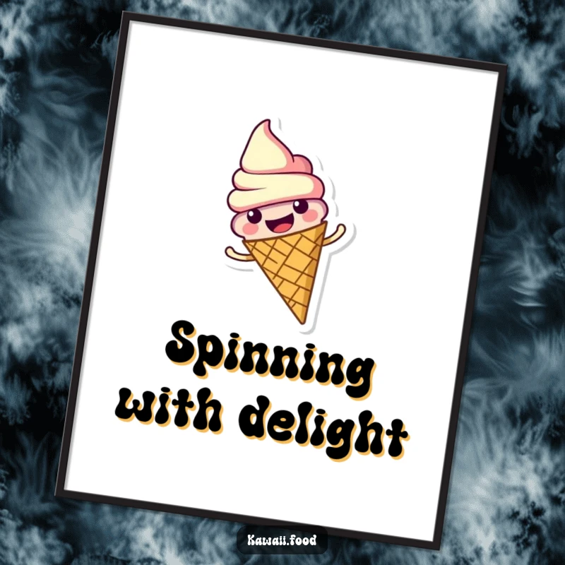 Funny poster print of a cheerful ice cream cone character happily spinning itself. A vibrant and joyful wall decoration.