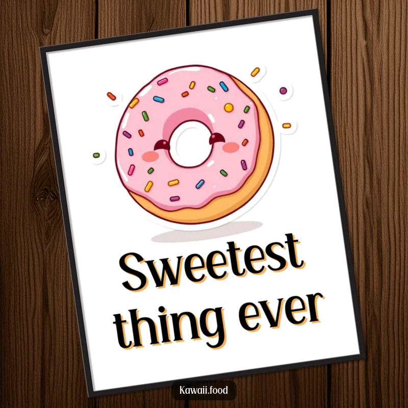 Funny poster showcasing a shy donut blushing while juggling mini sprinkles, adding a sweet, humorous, and charming touch to wall art.