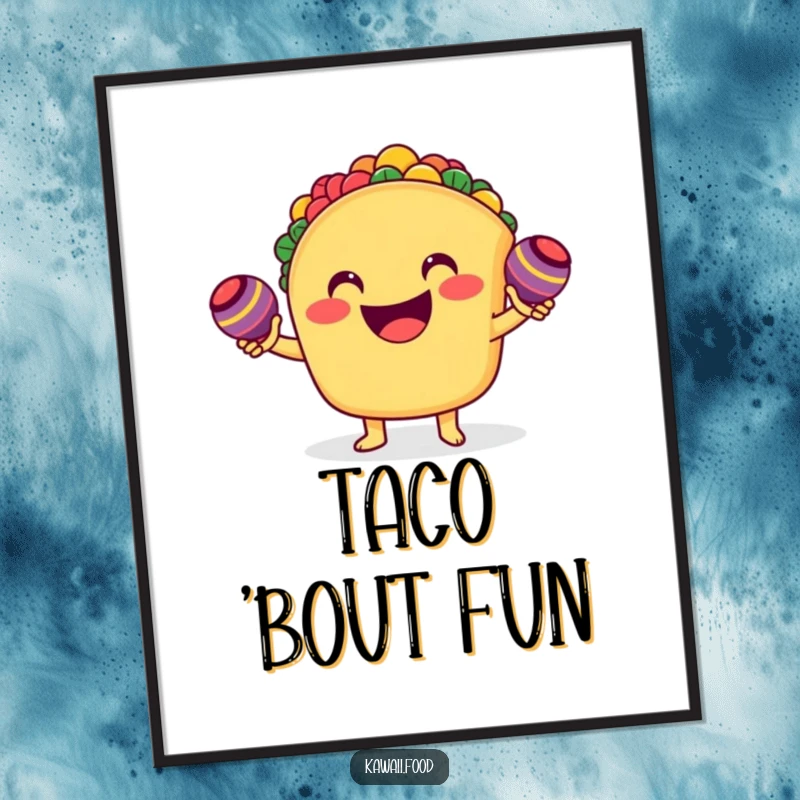 Funny smiling taco character enthusiastically shaking tiny maracas on a poster, bringing vibrant energy and humorous fiesta vibes to decor.