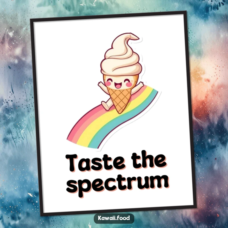 Funny Ice Cream Cone Poster print of a happy ice cream character gleefully sliding down a colorful rainbow, adding whimsical decor.