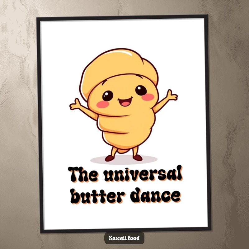 Funny poster of a smiling croissant character doing a silly little jig, bringing a delightful bakery vibe to any room.