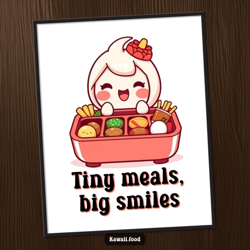 Funny poster of a delighted bento box character with compartments, happily presenting an array of miniature food items.