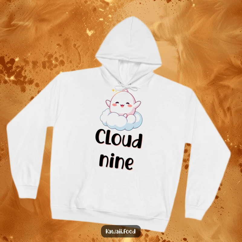 Funny Mochi Cloud Hoodie: A happy mochi character bouncing enthusiastically on a fluffy cloud, perfect for cozy and dreamy relaxation.